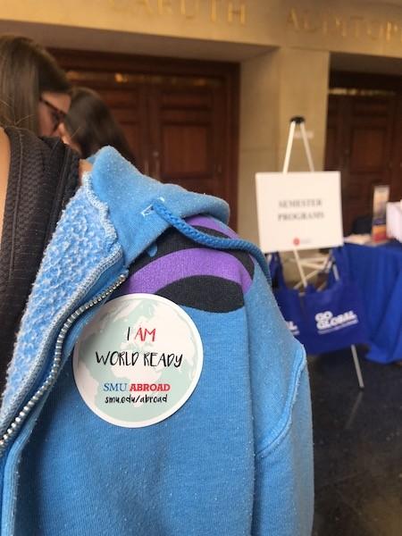Student wearing a SMU abroad sticker Photo credit: Erika Fanuzzi