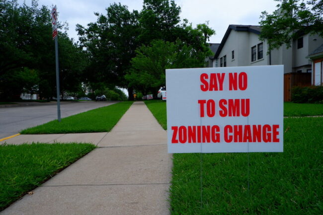 One of the many signs along University Boulevard residences protesting SMU's rezoning plans. Photo credit: Audrey McClure