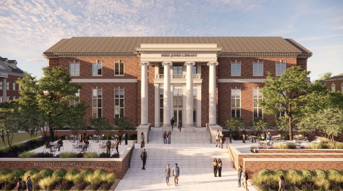 An illustration depicting the west entrance of the Rees-Jones Library of the American West.